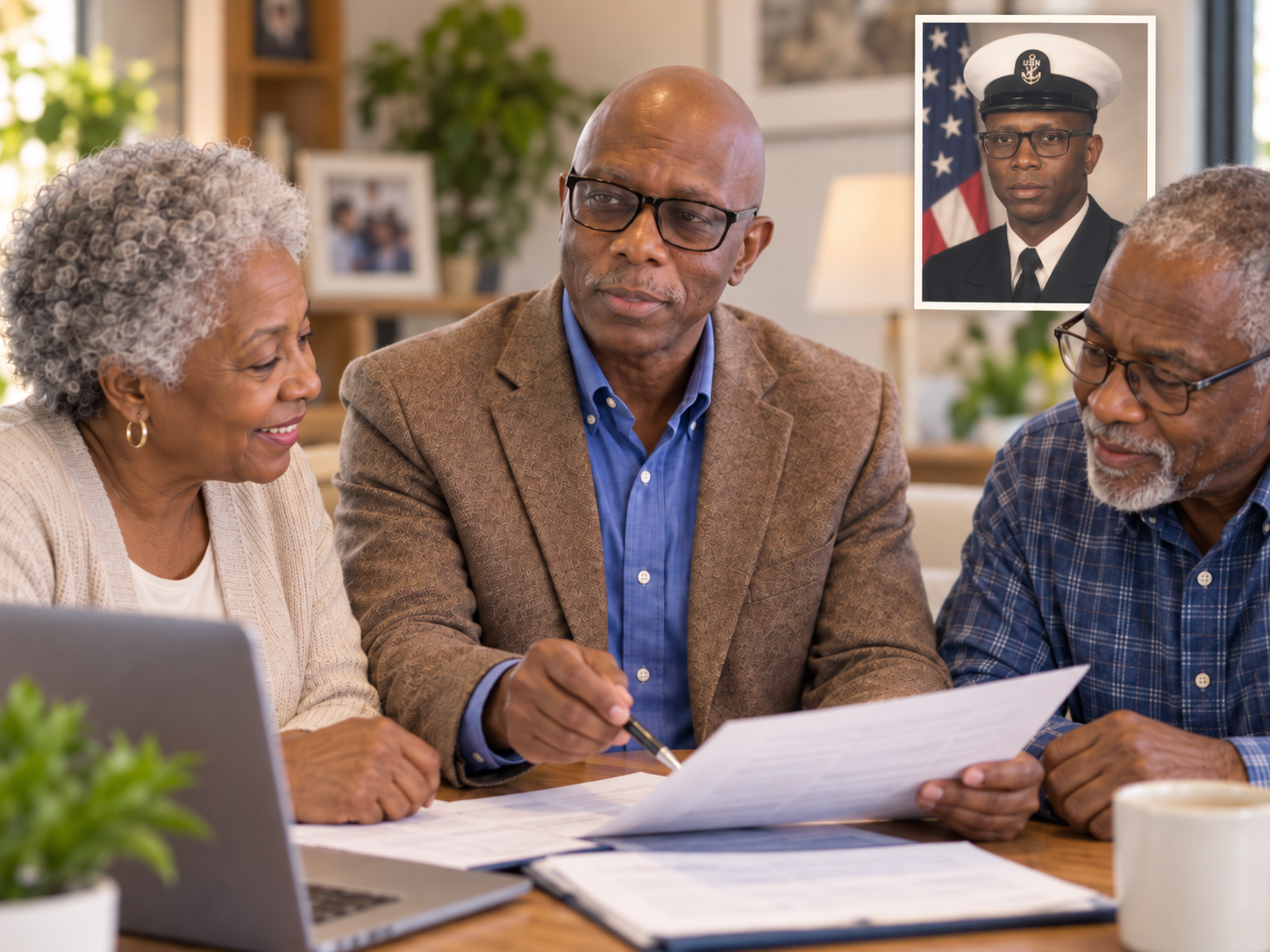 Concept image of Roderick Bonds meeting with a senior couple, with a Navy portrait inset